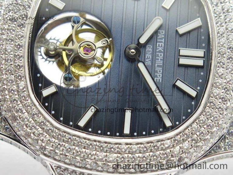 Nautilus Jumbo 5711 Tourbillon SS Full Paved Diamonds Blue Dial On Blue Croc Leather Strap Fashionable 9017
