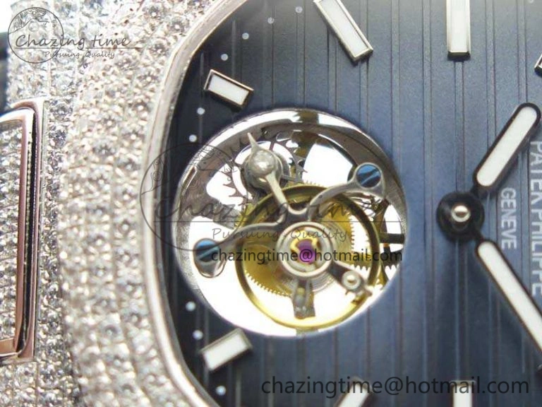 Nautilus Jumbo 5711 Tourbillon SS Full Paved Diamonds Blue Dial On Blue Croc Leather Strap Fashionable 9017
