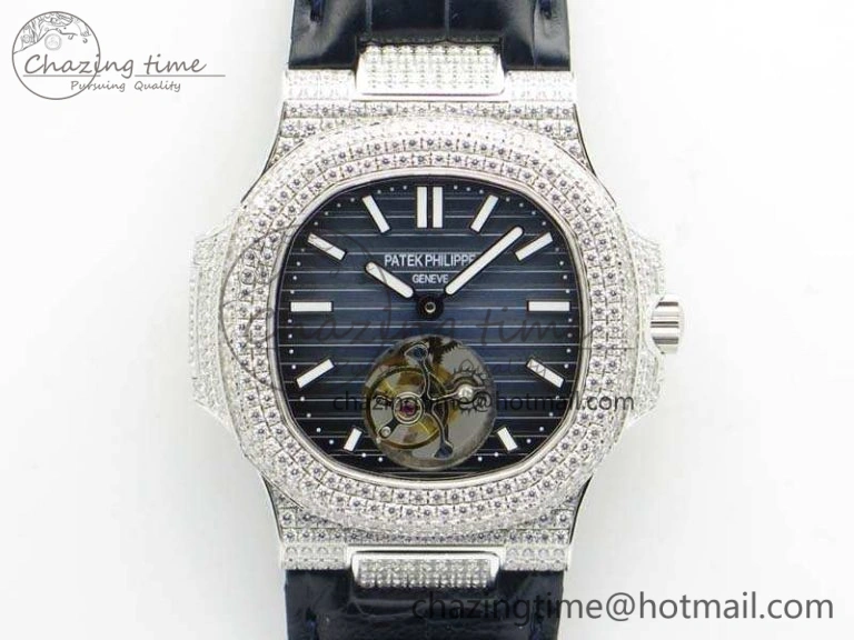 Nautilus Jumbo 5711 Tourbillon SS Full Paved Diamonds Blue Dial On Blue Croc Leather Strap Fashionable 9017