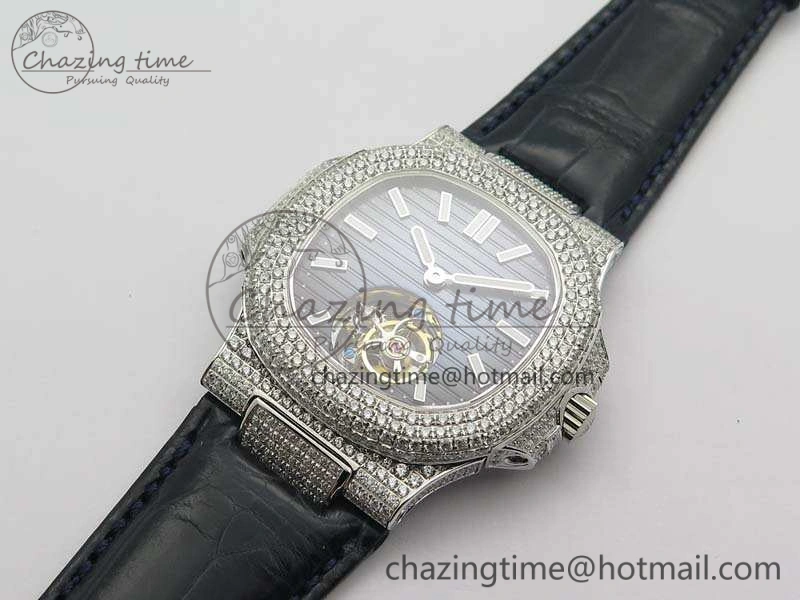 Nautilus Jumbo 5711 Tourbillon SS Full Paved Diamonds Blue Dial On Blue Croc Leather Strap Fashionable 9017