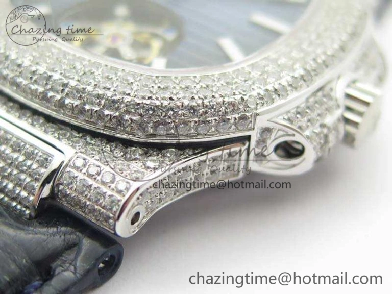 Nautilus Jumbo 5711 Tourbillon SS Full Paved Diamonds Blue Dial On Blue Croc Leather Strap Fashionable 9017