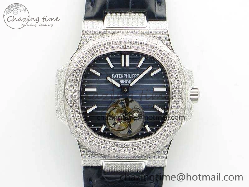 Nautilus Jumbo 5711 Tourbillon SS Full Paved Diamonds Blue Dial On Blue Croc Leather Strap Fashionable 9017