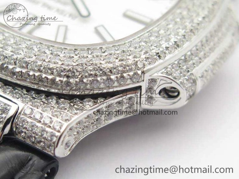 Nautilus Jumbo 5711 Tourbillon SS Full Paved Diamonds White Dial On Black Croc Leather Strap ZeroBulk 9019