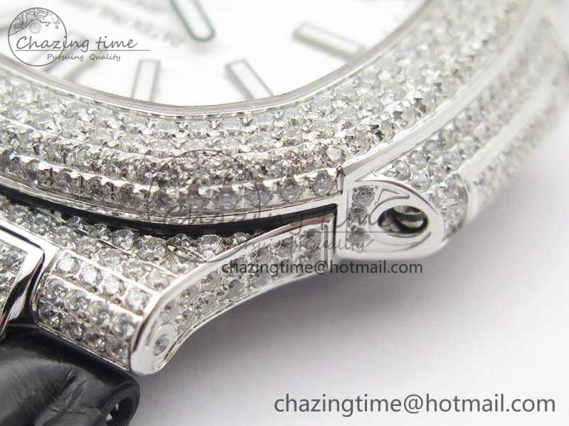 Nautilus Jumbo 5711 Tourbillon SS Full Paved Diamonds White Dial On Black Croc Leather Strap ZeroBulk 9019
