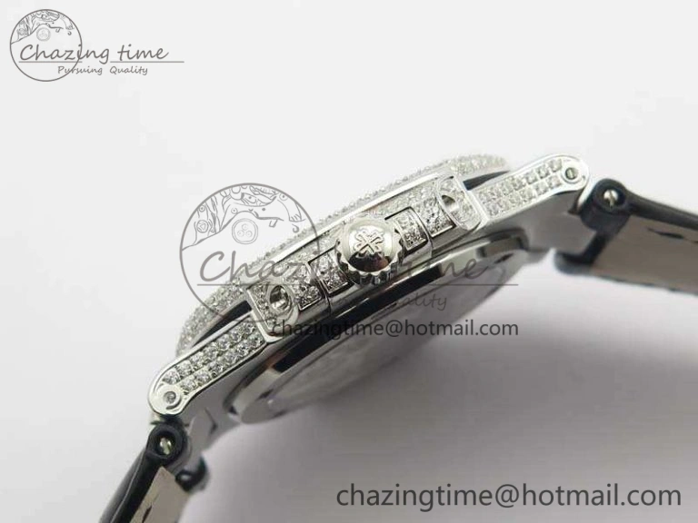 Nautilus Jumbo 5711 Tourbillon SS Full Paved Diamonds White Dial On Black Croc Leather Strap ZeroBulk 9019