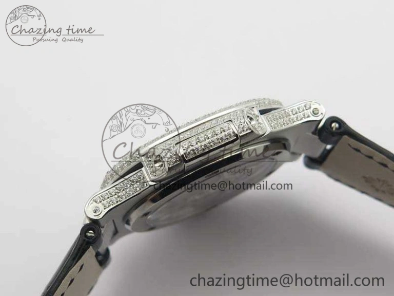 Nautilus Jumbo 5711 Tourbillon SS Full Paved Diamonds White Dial On Black Croc Leather Strap ZeroBulk 9019