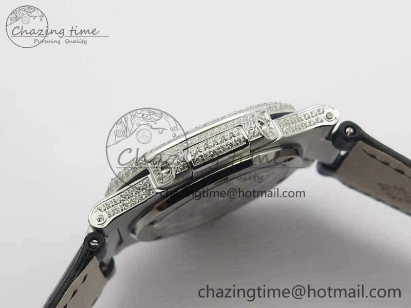 Nautilus Jumbo 5711 Tourbillon SS Full Paved Diamonds White Dial On Black Croc Leather Strap ZeroBulk 9019