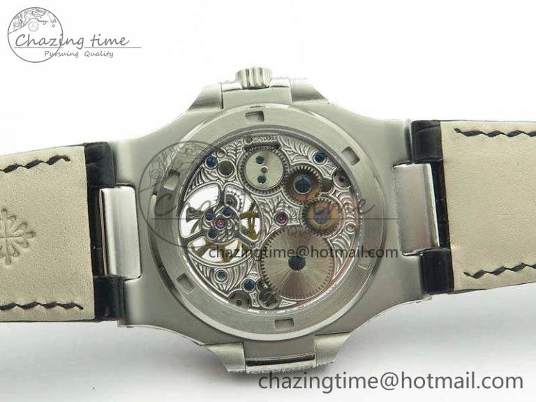 Nautilus Jumbo 5711 Tourbillon SS Full Paved Diamonds White Dial On Black Croc Leather Strap ZeroBulk 9019