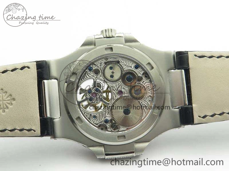 Nautilus Jumbo 5711 Tourbillon SS Full Paved Diamonds White Dial On Black Croc Leather Strap ZeroBulk 9019