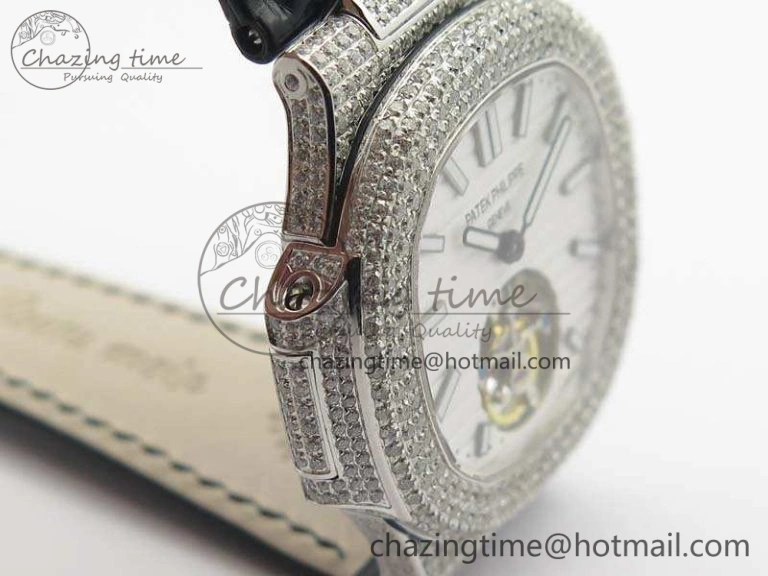 Nautilus Jumbo 5711 Tourbillon SS Full Paved Diamonds White Dial On Black Croc Leather Strap ZeroBulk 9019
