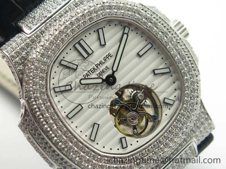 Nautilus Jumbo 5711 Tourbillon SS Full Paved Diamonds White Dial On Black Croc Leather Strap ZeroBulk 9019