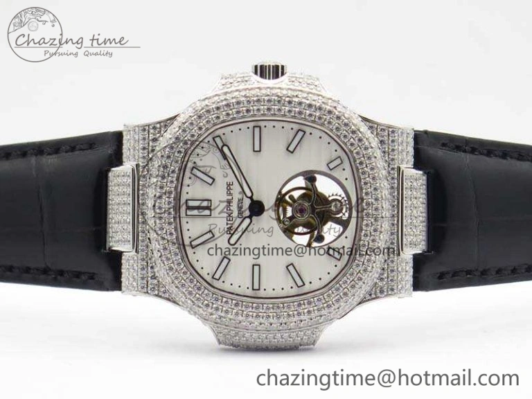 Nautilus Jumbo 5711 Tourbillon SS Full Paved Diamonds White Dial On Black Croc Leather Strap ZeroBulk 9019