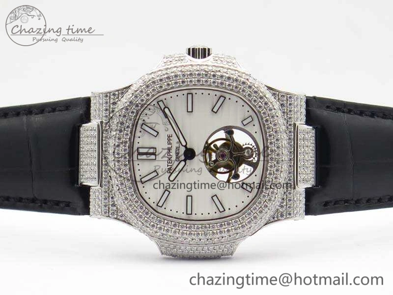 Nautilus Jumbo 5711 Tourbillon SS Full Paved Diamonds White Dial On Black Croc Leather Strap ZeroBulk 9019