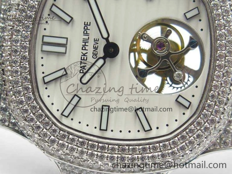 Nautilus Jumbo 5711 Tourbillon SS Full Paved Diamonds White Dial On Black Croc Leather Strap ZeroBulk 9019