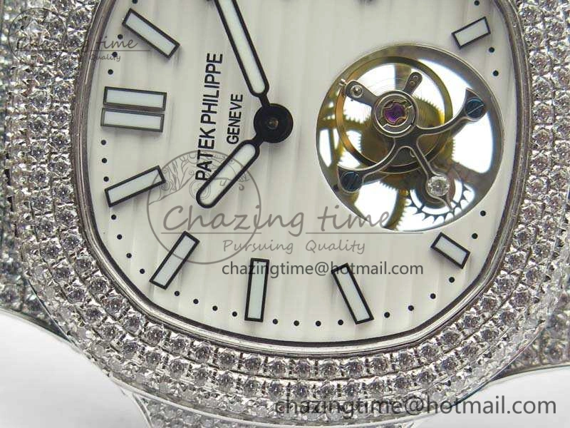 Nautilus Jumbo 5711 Tourbillon SS Full Paved Diamonds White Dial On Black Croc Leather Strap ZeroBulk 9019