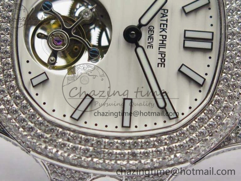 Nautilus Jumbo 5711 Tourbillon SS Full Paved Diamonds White Dial On Black Croc Leather Strap ZeroBulk 9019