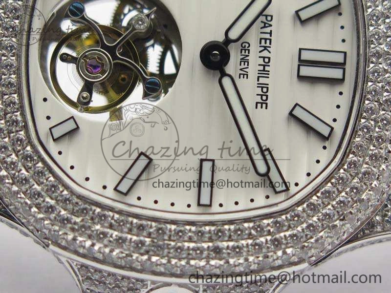 Nautilus Jumbo 5711 Tourbillon SS Full Paved Diamonds White Dial On Black Croc Leather Strap ZeroBulk 9019