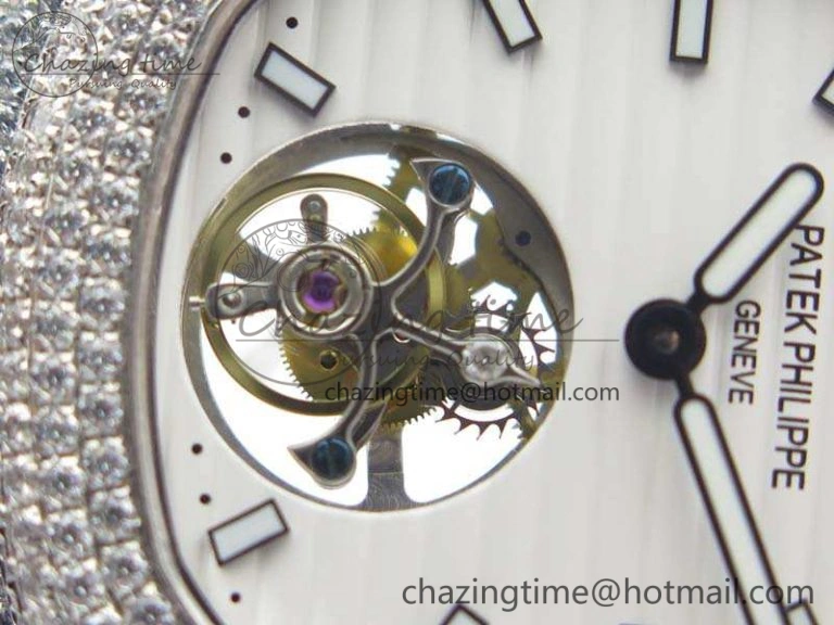 Nautilus Jumbo 5711 Tourbillon SS Full Paved Diamonds White Dial On Black Croc Leather Strap ZeroBulk 9019