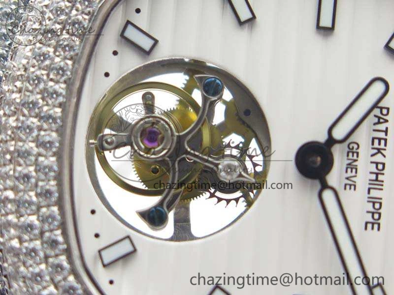 Nautilus Jumbo 5711 Tourbillon SS Full Paved Diamonds White Dial On Black Croc Leather Strap ZeroBulk 9019