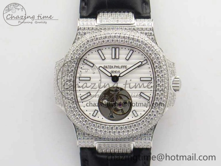 Nautilus Jumbo 5711 Tourbillon SS Full Paved Diamonds White Dial On Black Croc Leather Strap ZeroBulk 9019