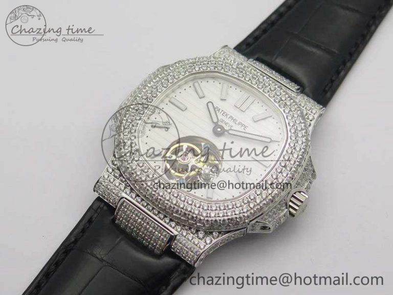 Nautilus Jumbo 5711 Tourbillon SS Full Paved Diamonds White Dial On Black Croc Leather Strap ZeroBulk 9019