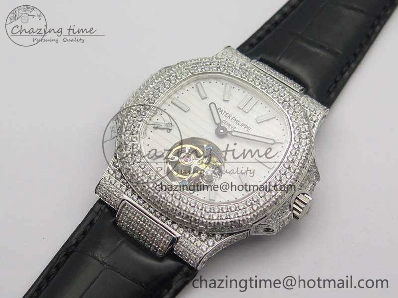 Nautilus Jumbo 5711 Tourbillon SS Full Paved Diamonds White Dial On Black Croc Leather Strap ZeroBulk 9019