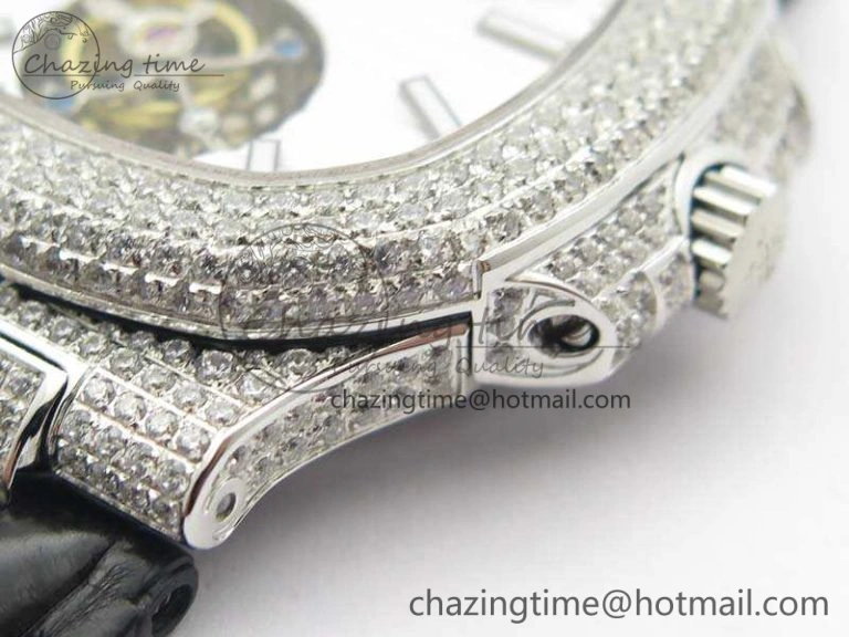 Nautilus Jumbo 5711 Tourbillon SS Full Paved Diamonds White Dial On Black Croc Leather Strap ZeroBulk 9019
