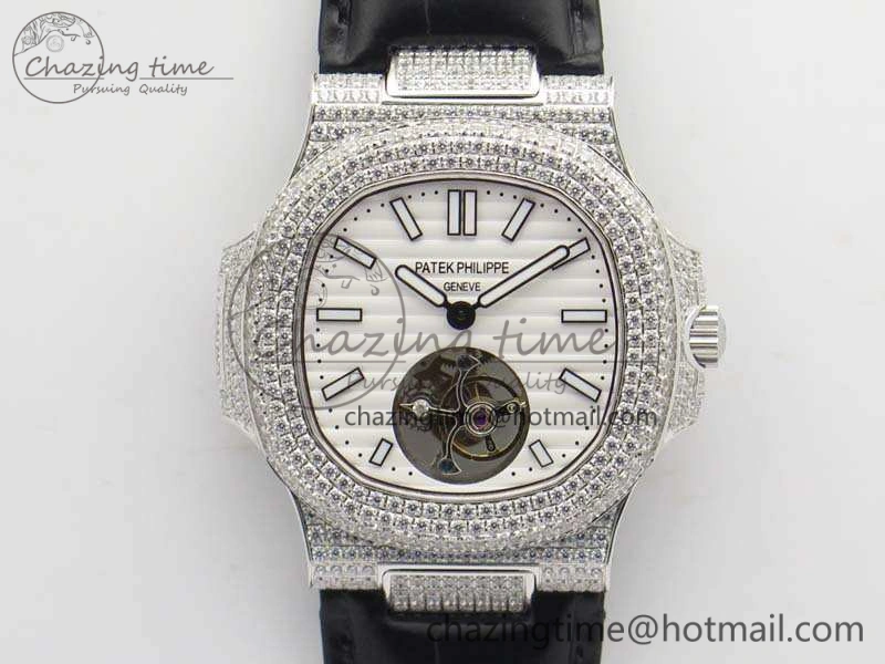 Nautilus Jumbo 5711 Tourbillon SS Full Paved Diamonds White Dial On Black Croc Leather Strap ZeroBulk 9019