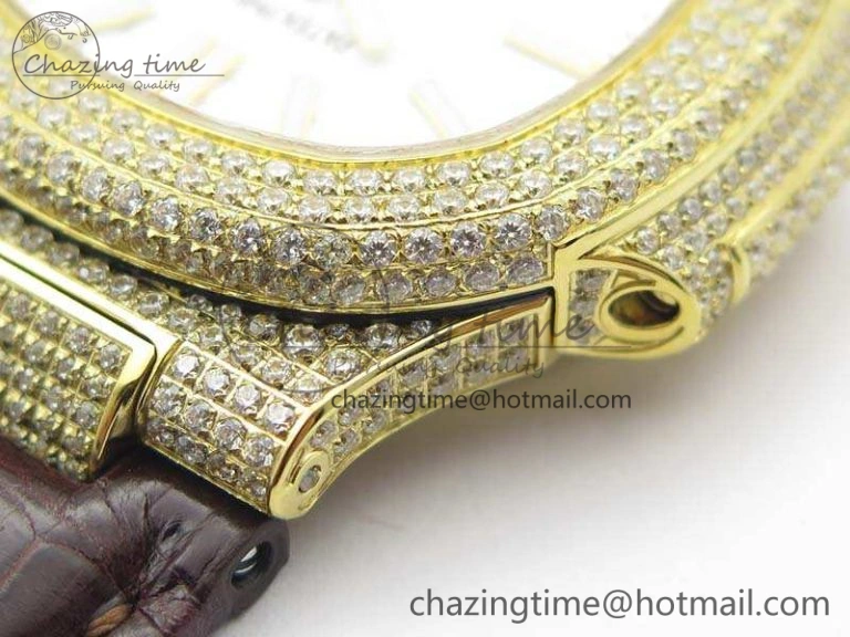 Nautilus Jumbo 5711 Tourbillon YG Full Paved Diamonds White Dial On Brown Croc Leather Strap Soft 9020
