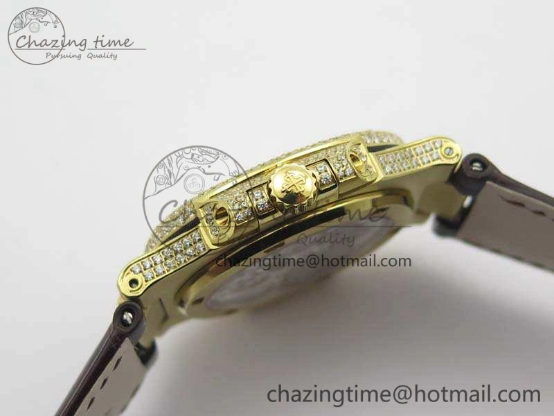 Nautilus Jumbo 5711 Tourbillon YG Full Paved Diamonds White Dial On Brown Croc Leather Strap Soft 9020