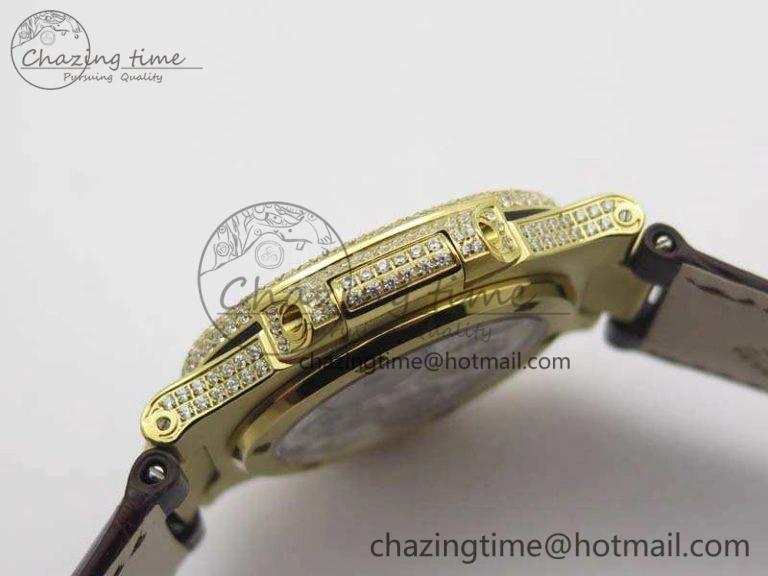 Nautilus Jumbo 5711 Tourbillon YG Full Paved Diamonds White Dial On Brown Croc Leather Strap Soft 9020