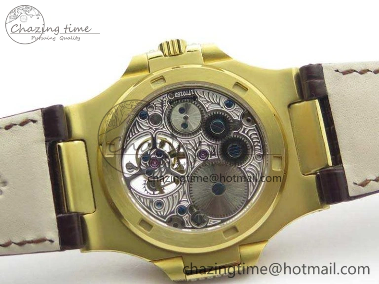 Nautilus Jumbo 5711 Tourbillon YG Full Paved Diamonds White Dial On Brown Croc Leather Strap Soft 9020