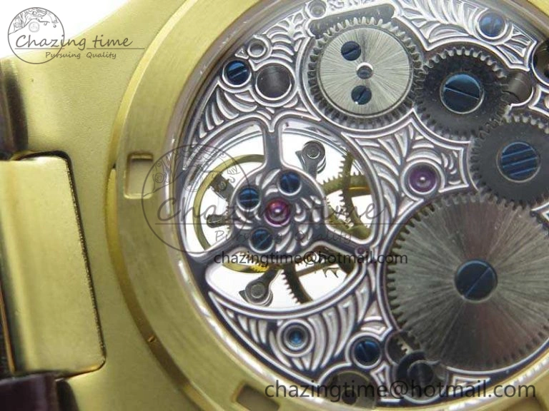 Nautilus Jumbo 5711 Tourbillon YG Full Paved Diamonds White Dial On Brown Croc Leather Strap Soft 9020