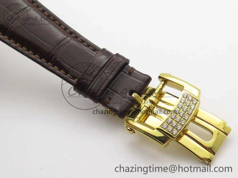Nautilus Jumbo 5711 Tourbillon YG Full Paved Diamonds White Dial On Brown Croc Leather Strap Soft 9020