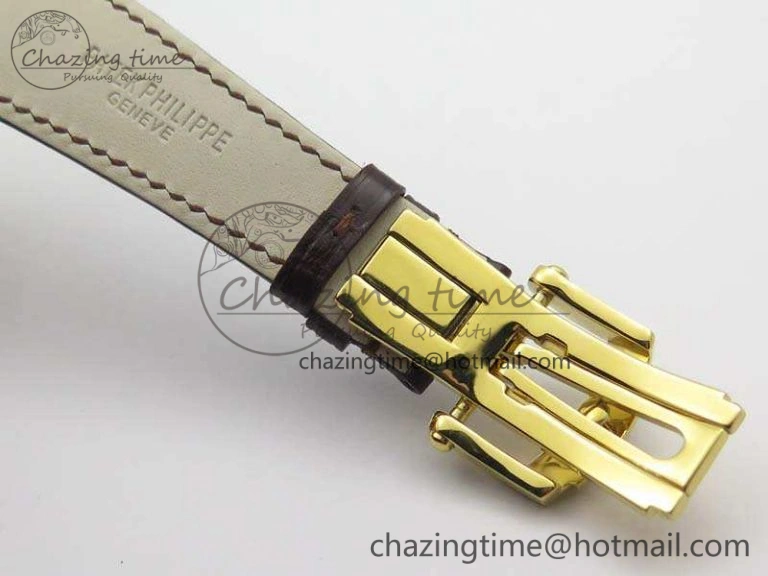 Nautilus Jumbo 5711 Tourbillon YG Full Paved Diamonds White Dial On Brown Croc Leather Strap Soft 9020