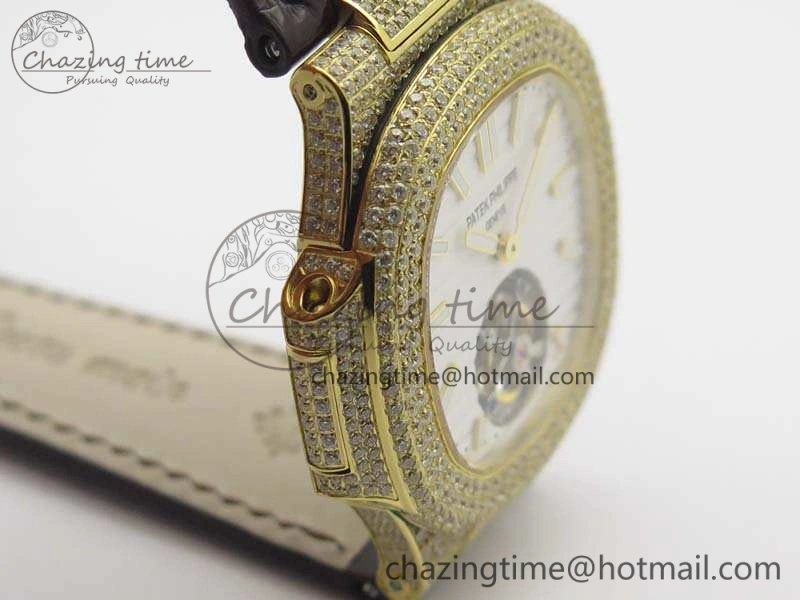 Nautilus Jumbo 5711 Tourbillon YG Full Paved Diamonds White Dial On Brown Croc Leather Strap Soft 9020