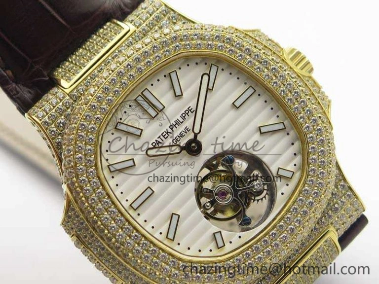 Nautilus Jumbo 5711 Tourbillon YG Full Paved Diamonds White Dial On Brown Croc Leather Strap Soft 9020