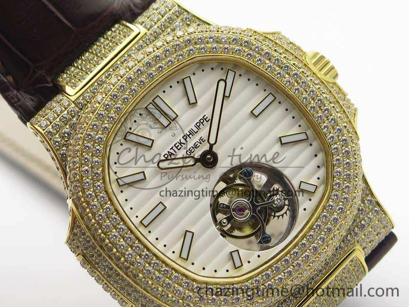 Nautilus Jumbo 5711 Tourbillon YG Full Paved Diamonds White Dial On Brown Croc Leather Strap Soft 9020