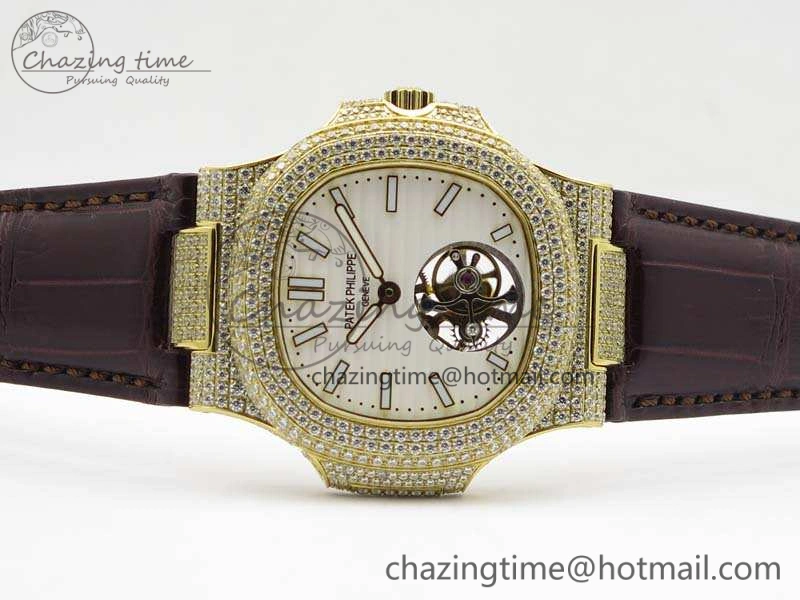 Nautilus Jumbo 5711 Tourbillon YG Full Paved Diamonds White Dial On Brown Croc Leather Strap Soft 9020