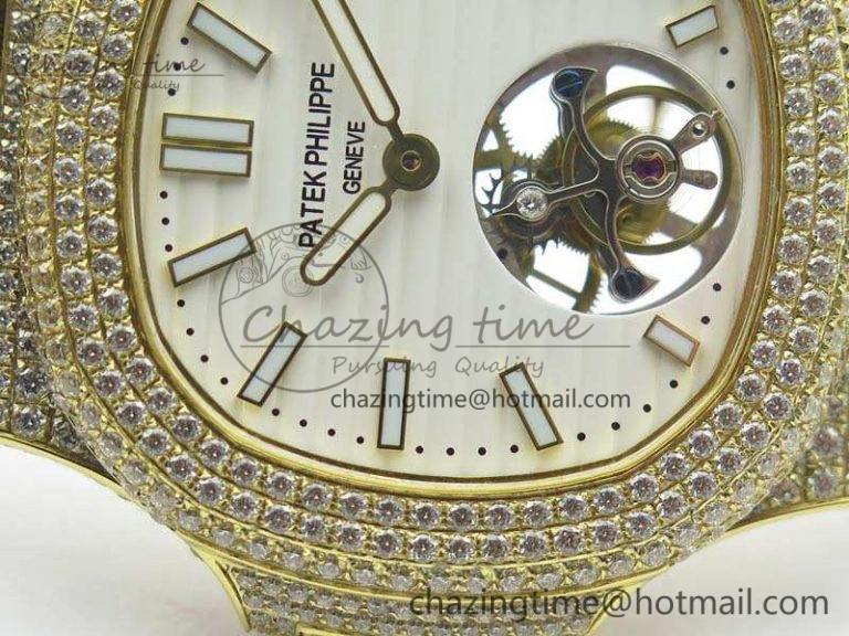 Nautilus Jumbo 5711 Tourbillon YG Full Paved Diamonds White Dial On Brown Croc Leather Strap Soft 9020
