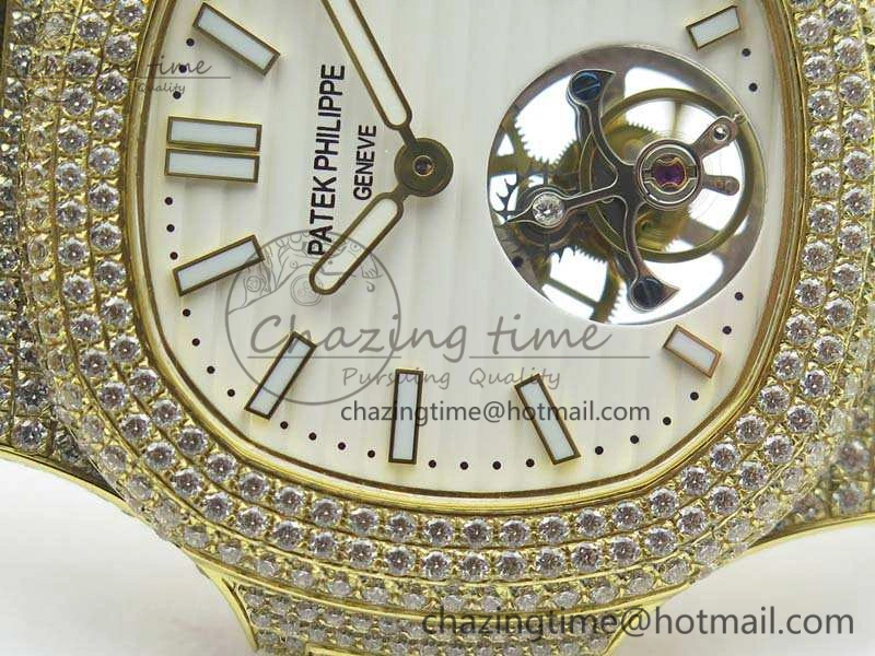 Nautilus Jumbo 5711 Tourbillon YG Full Paved Diamonds White Dial On Brown Croc Leather Strap Soft 9020
