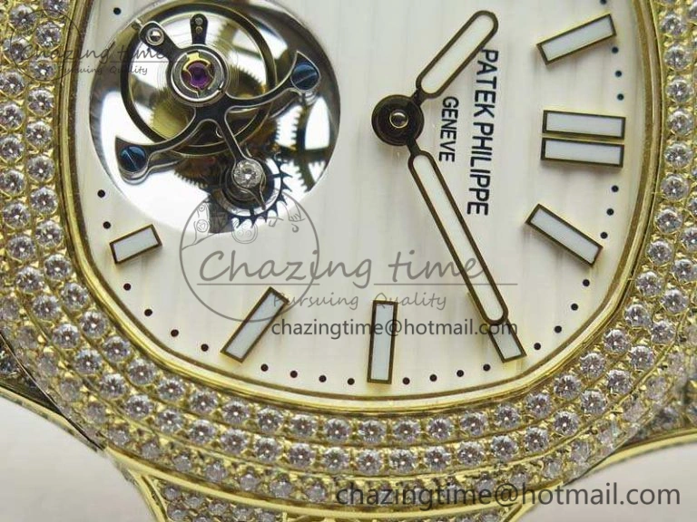 Nautilus Jumbo 5711 Tourbillon YG Full Paved Diamonds White Dial On Brown Croc Leather Strap Soft 9020