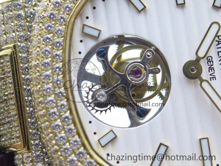 Nautilus Jumbo 5711 Tourbillon YG Full Paved Diamonds White Dial On Brown Croc Leather Strap Soft 9020