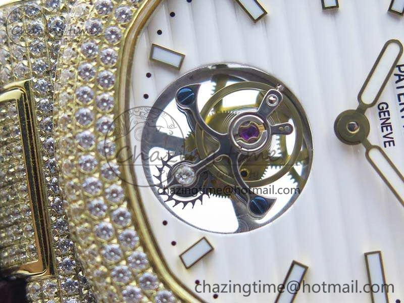 Nautilus Jumbo 5711 Tourbillon YG Full Paved Diamonds White Dial On Brown Croc Leather Strap Soft 9020