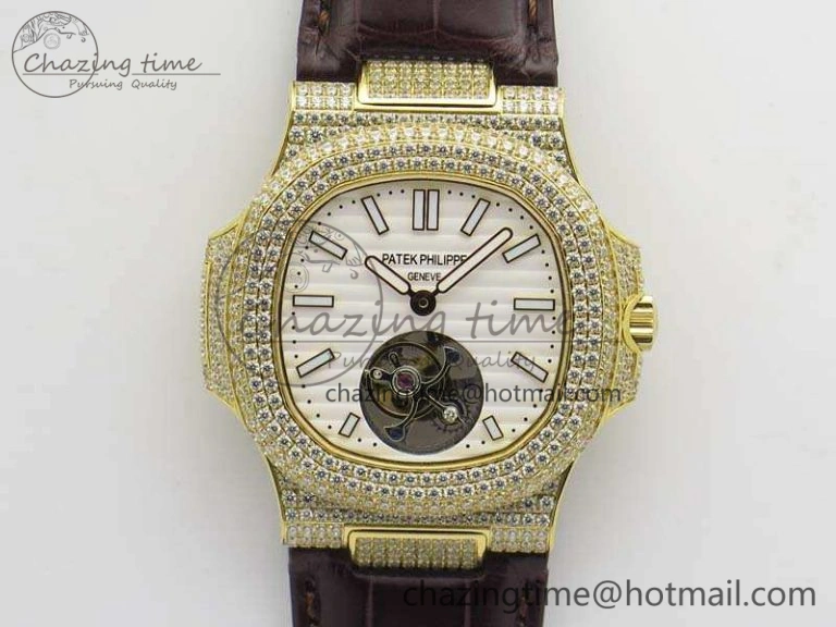 Nautilus Jumbo 5711 Tourbillon YG Full Paved Diamonds White Dial On Brown Croc Leather Strap Soft 9020