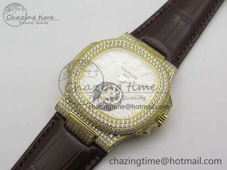 Nautilus Jumbo 5711 Tourbillon YG Full Paved Diamonds White Dial On Brown Croc Leather Strap Soft 9020