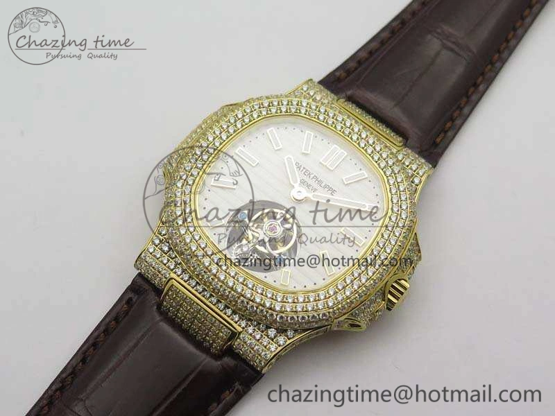 Nautilus Jumbo 5711 Tourbillon YG Full Paved Diamonds White Dial On Brown Croc Leather Strap Soft 9020
