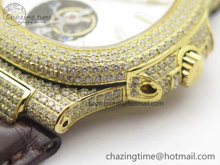 Nautilus Jumbo 5711 Tourbillon YG Full Paved Diamonds White Dial On Brown Croc Leather Strap Soft 9020