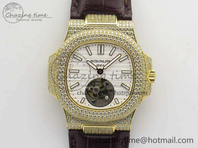 Nautilus Jumbo 5711 Tourbillon YG Full Paved Diamonds White Dial On Brown Croc Leather Strap Soft 9020