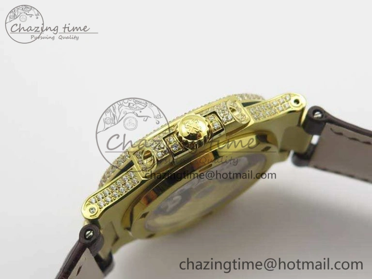 NewStyle Nautilus Jumbo 5711 YG Full Paved Diamonds White Dial On Brown Croc Leather Strap A 9023